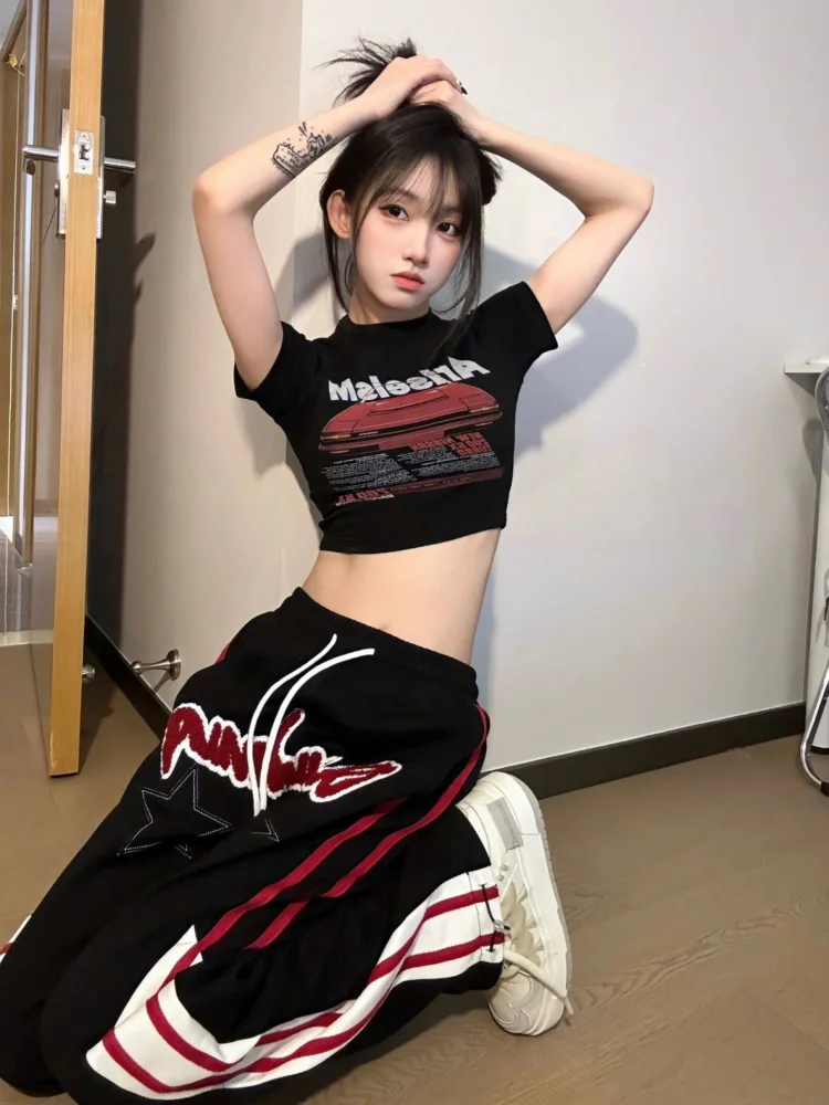 HOUZHOU Hippie Vintage Star 2025 new Baggy Pants Women Y2K Retro Streetwear Letter Embroidery Striped Sweatpants Haruku Oversize Jogger