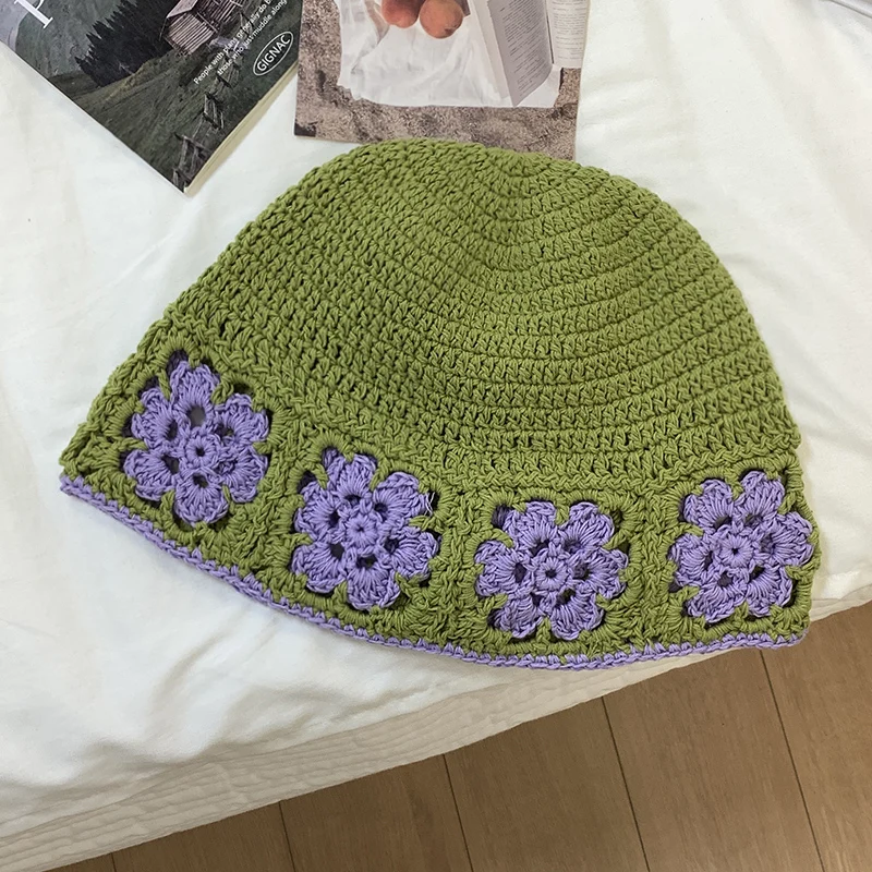 Korean Niche Designer Hand-knitted Bucket Hat Spring and Summer Hollow Woven Flower Basin Cap Show Small Face Retro Women's Hats