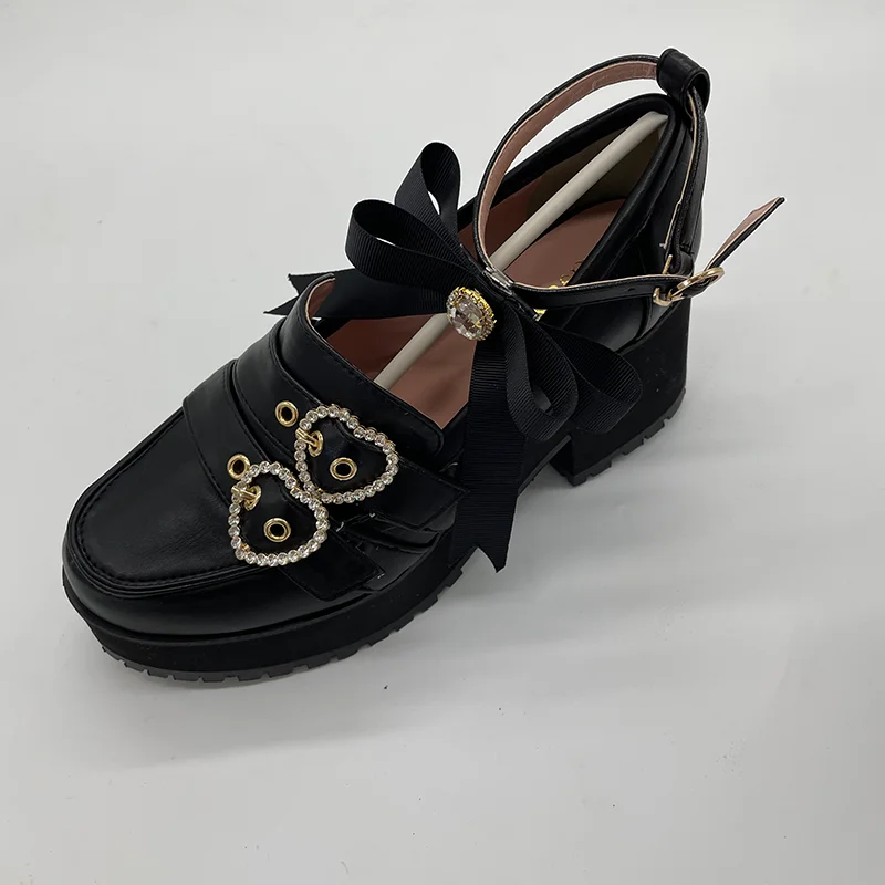 Japanese Spring and Autumn Heart Rhinestone Buckle Round Head Chunky Heel Women's High Heel Patent Leather Pump Shoes
