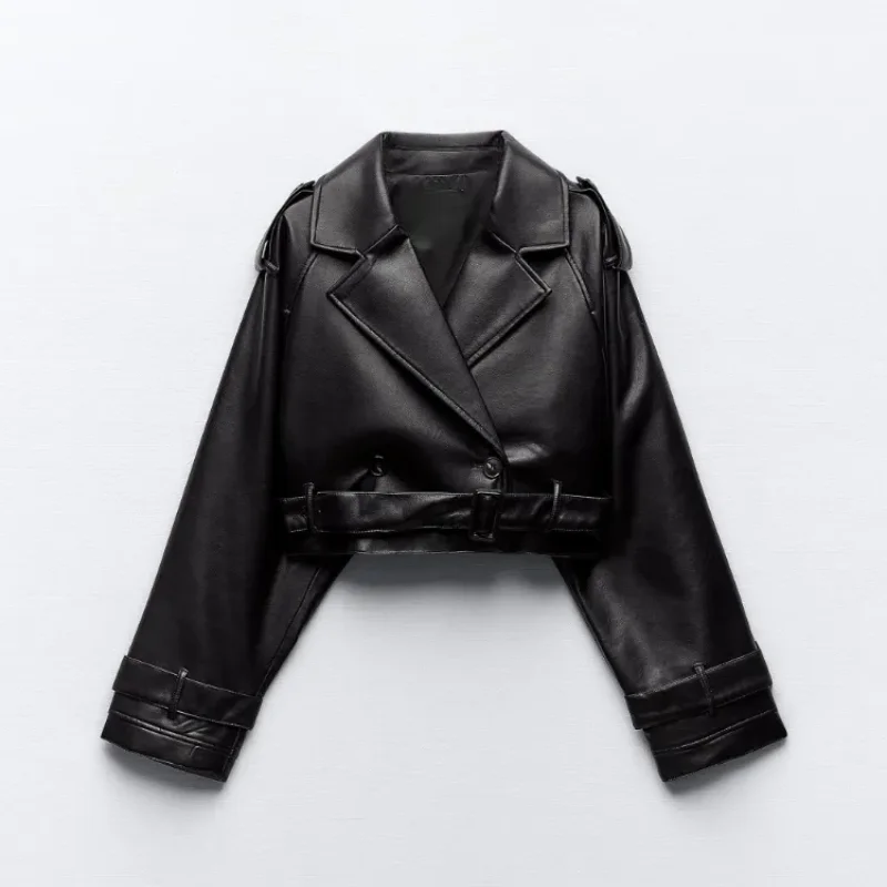 LKSK Short Oversized Leather Effect Trench Coats Fake Leather Cropped Short Jackets Ladies Long Sleeve Loose Women Coat