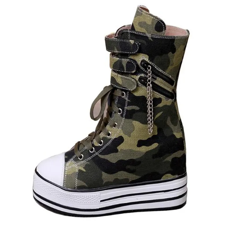 Brand New Chains High Heels Height Increasing Black Camouflage Gothic Style Skidproof Platform Casual Sneakers Shoes Boots Women