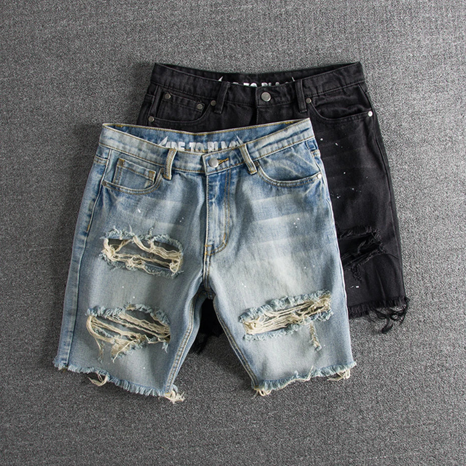 Men Fashion Broken Hole Hip Hop Denim Shorts Summer Streetwear Harajuku Ripped Jeans Shorts Casual Short Pants Trousers 240327