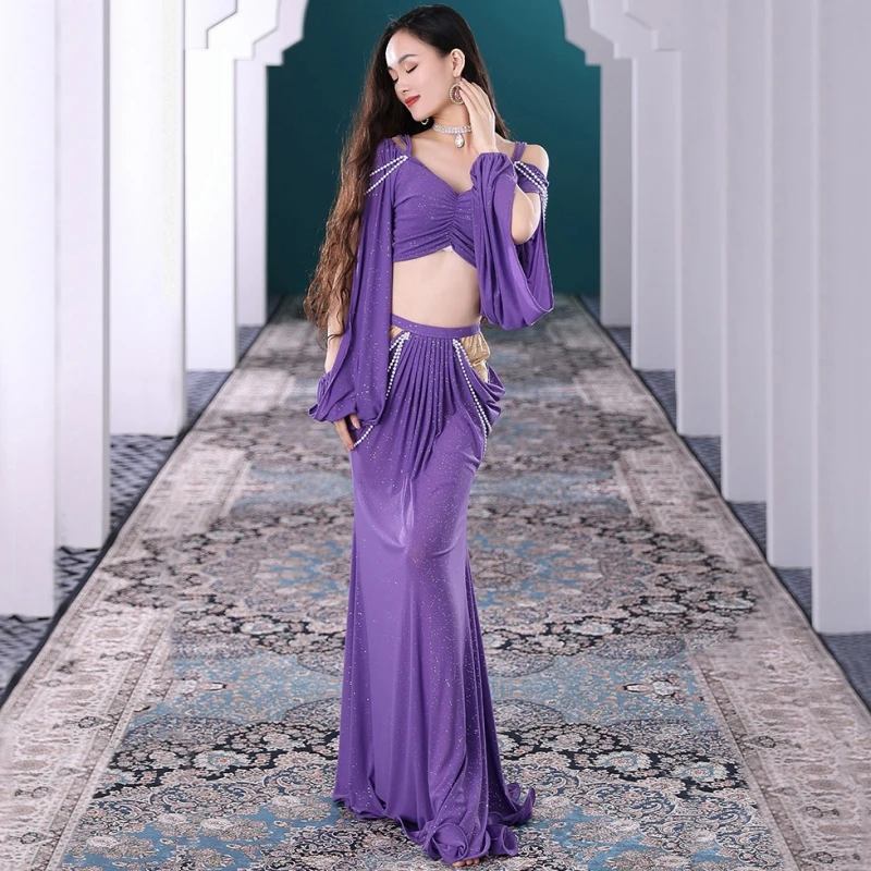 Sexy Two Piece Belly Dance Costume Set For Women Elegant Cut-out Long Sleeve Hollow Camisole With High-Rise Slim Long Skirts