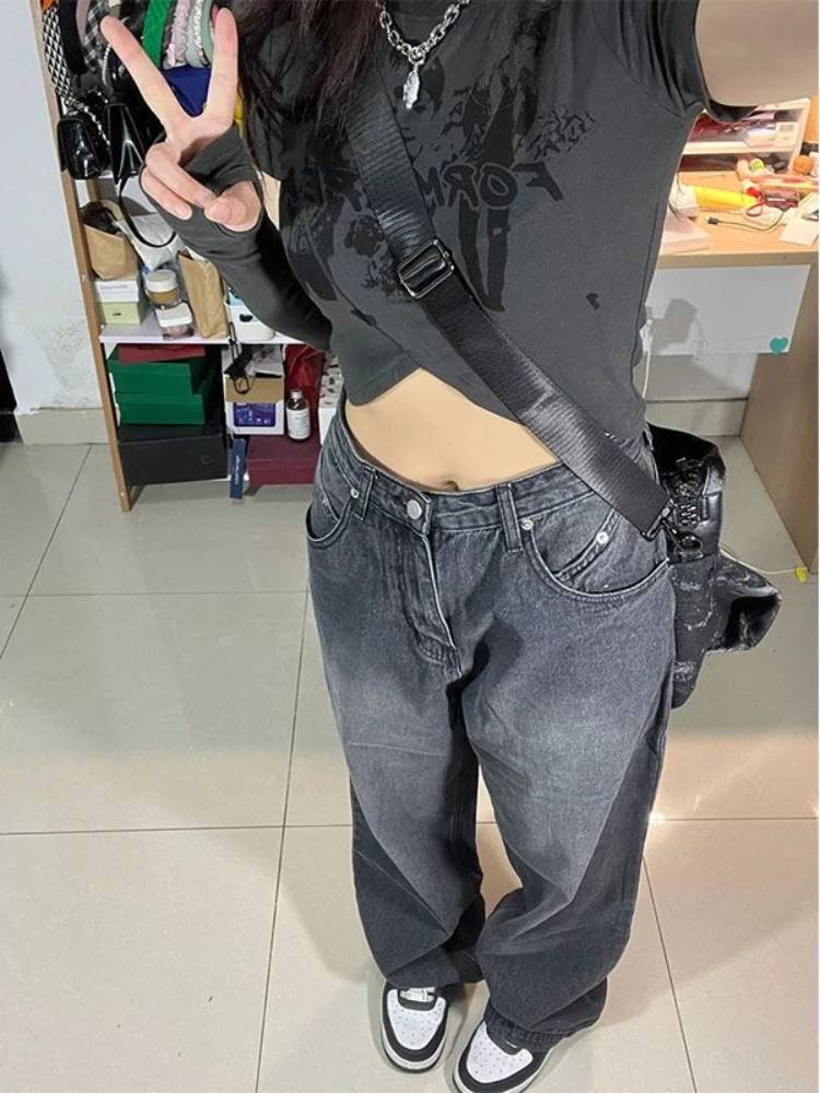 QWEEK Vintage Black Baggy Jeans Women Korean Streetwear Oversize Harajuku High Waist Pants Grunge Y2K Denim Wide Leg Trousers