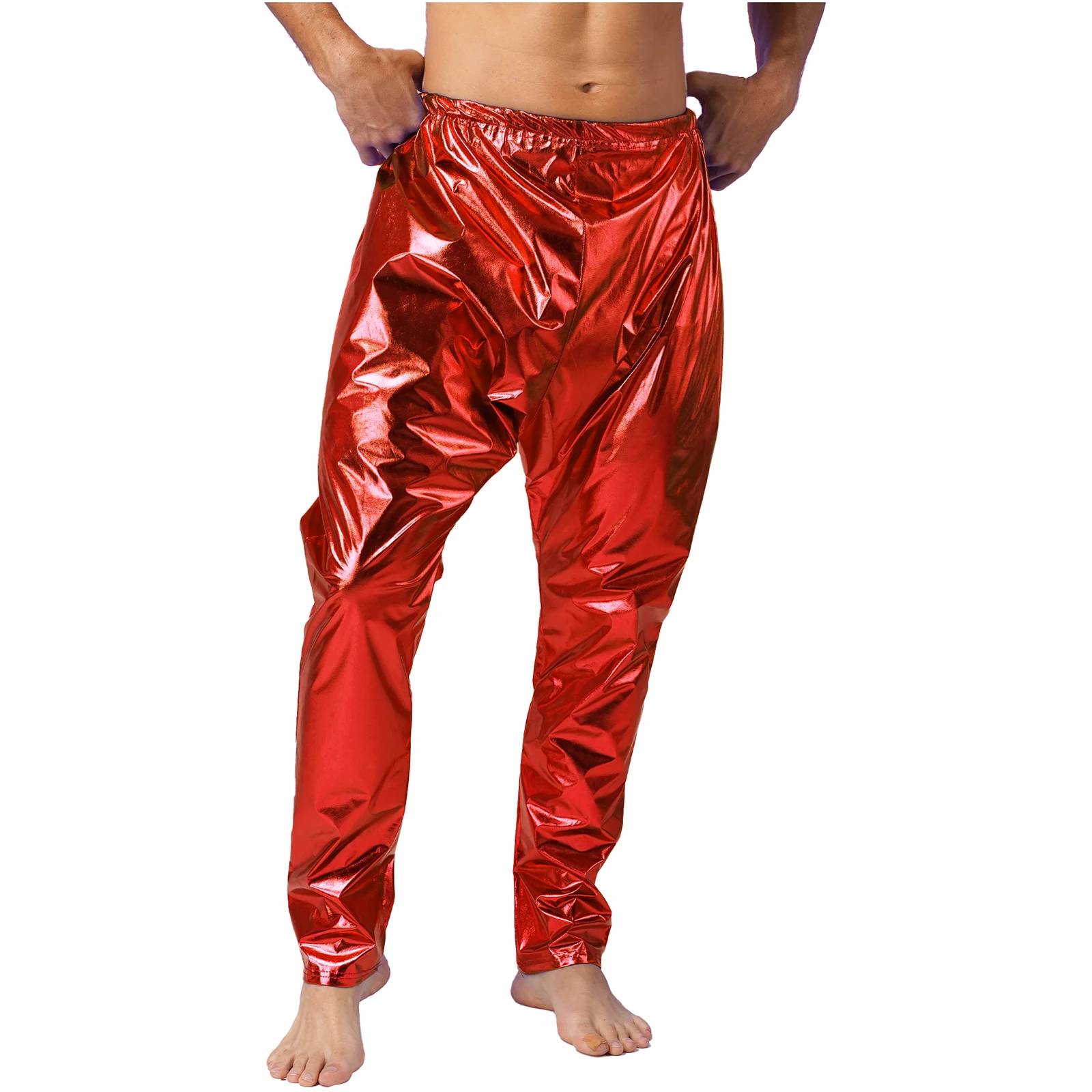 Mens Stylish Metallic Shiny Long Pants Elastic Waistband Solid Color Lightweight Harem Pants Leggings Stage Performance Costume