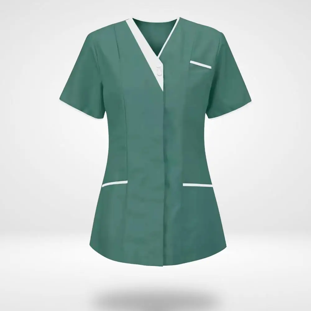 Blouse Casual new 2025 V Neck Buttons Working Uniform T-shirt Clothes T-shirt Short Sleeve Pockets Working Uniform for Worker