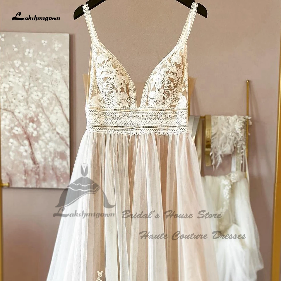 Lakshmigown Civil Boho new Champagne Wedding Dresses 2025 Spaghetti Straps 2024 Suknia Slubna Sexy Beach Bridal Gowns Lace Appliques