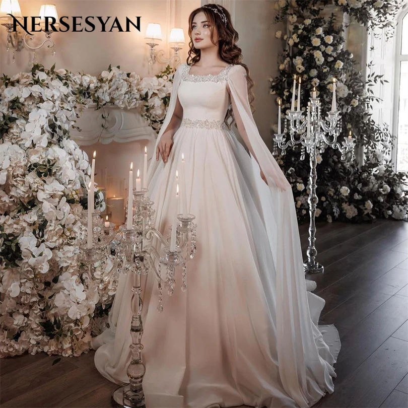 new Nersesyan Vintage Long Cape Sleeves Formal Wedding Gowns Sequare Collar Glitter Beads Bridal 2025 Dresses A Line Draped Bride Gown