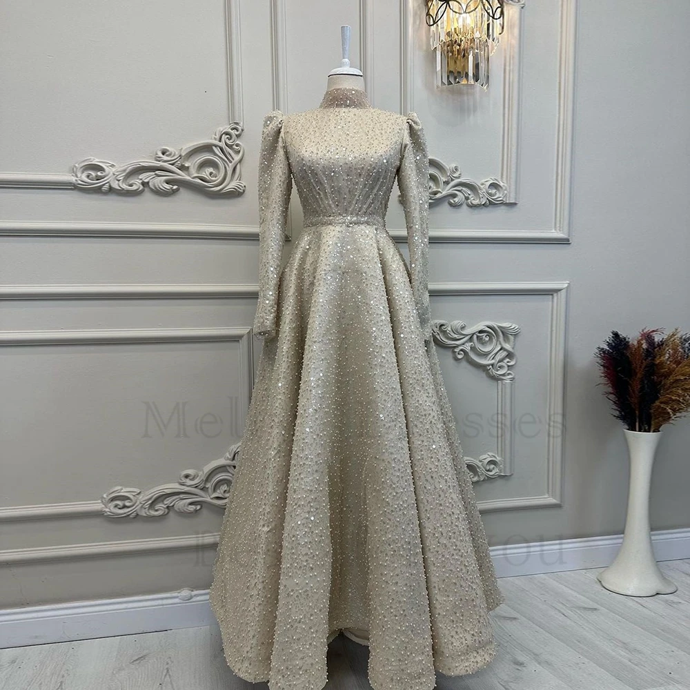Champagne High Neck 2025 Evening Dresses for Women Full Sleeve Prom Gowns Sequined 2023 Summer A Line Real Picture Vestido new De Noche