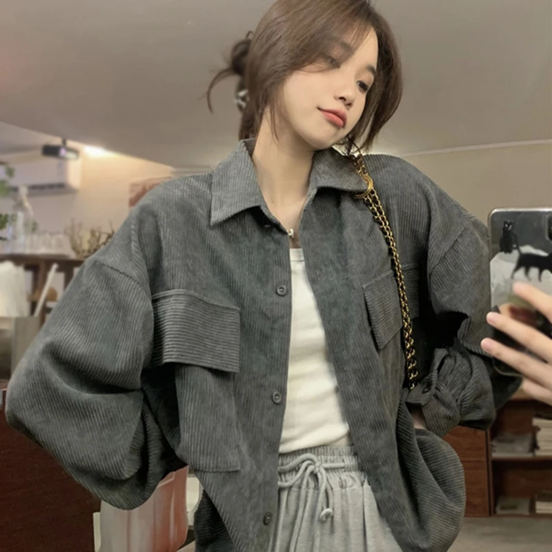 Women Casual Autumn Loose 2025 Corduroy Long-sleeved Shirt Turn-down new Collar Retro Coats Solid Color Shirts