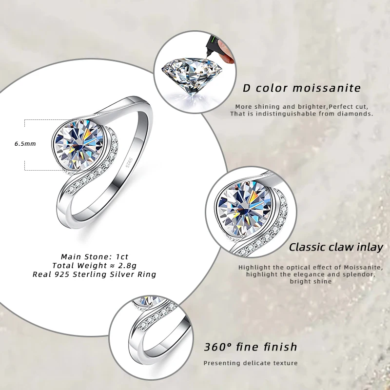 JoyceJelly 1CT Moissanite Rings 925 Sterling Silver Diamond Jewelry For Women GRA Certified VVS1 D-color Round Cut Wedding Bands