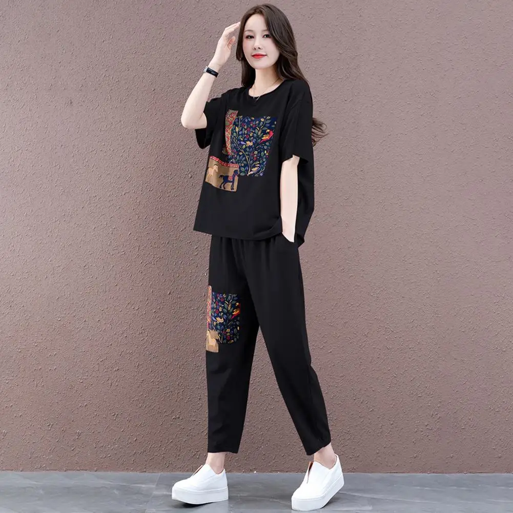 2Pcs/Set Sport 2025 Outfit Popular Stretchy Loose Outfit new Mid-aged Mother Casual Printing Loose Tracksuit Daily Garment