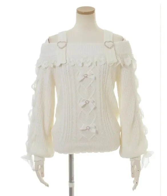 Classic Sweet Off-the-Shoulder Spaghetti-Strap Lace Sweater 2023 Fall Japan Style Sexy Woman Slimming Long Sleeve Knitwear Mujer