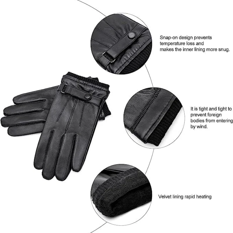 BISON DENIM 100% Genuine Leather Sheepskin Gloves Men Winter Warm Fleece Touch Screen Gloves Driving Cycling Running Ski Gloves