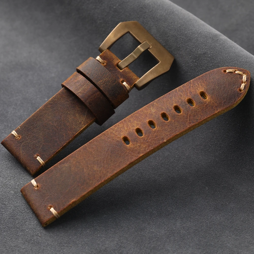 Handmade Bronze Watch Accessories Bracelet 20 22 24MM Brown Men's Vintage Bracelet Head Layer Cow Leather Straps