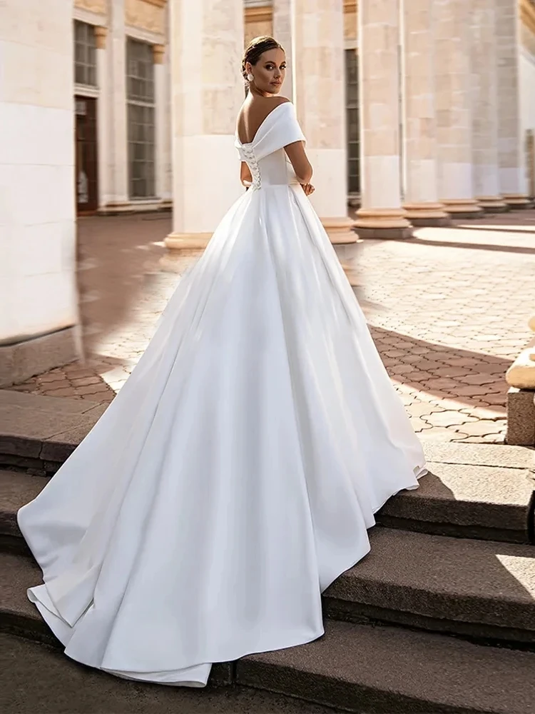 Elegant Wedding Dresses Off The Shoulder Satin A-Line Bridal Gowns For Formal Party V-Neck Floor Length Vestidos De Novia 2024