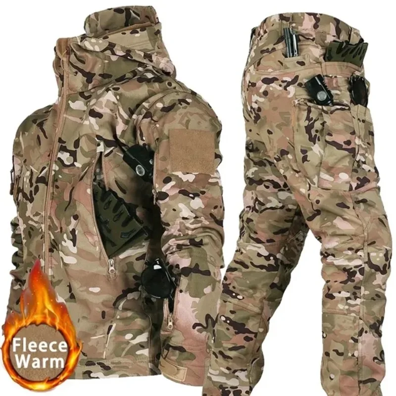 Winter Tactical Set Mens Hooded Military Outdoor Windproof Waterproof Suit Multi-Pocket Soft Shell Jackets Sharkskin Sweatpants