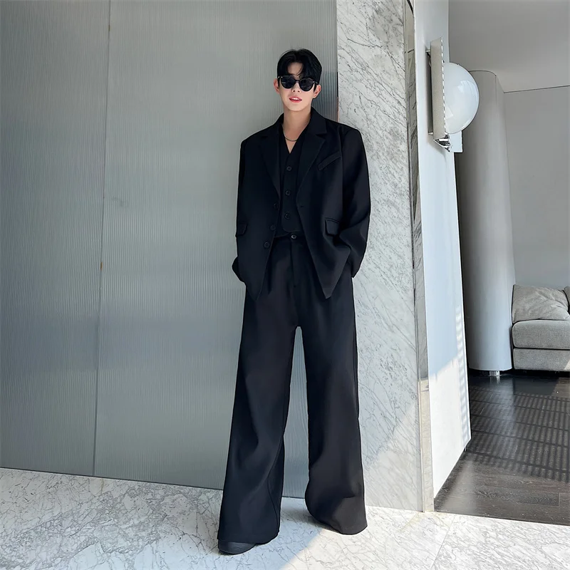 NOYMEI Fashionable Suit Three Piece Set Black Temperament 2024 Autumn All-match Wide Leg Pants Casual Jacket Men Chic WA3119