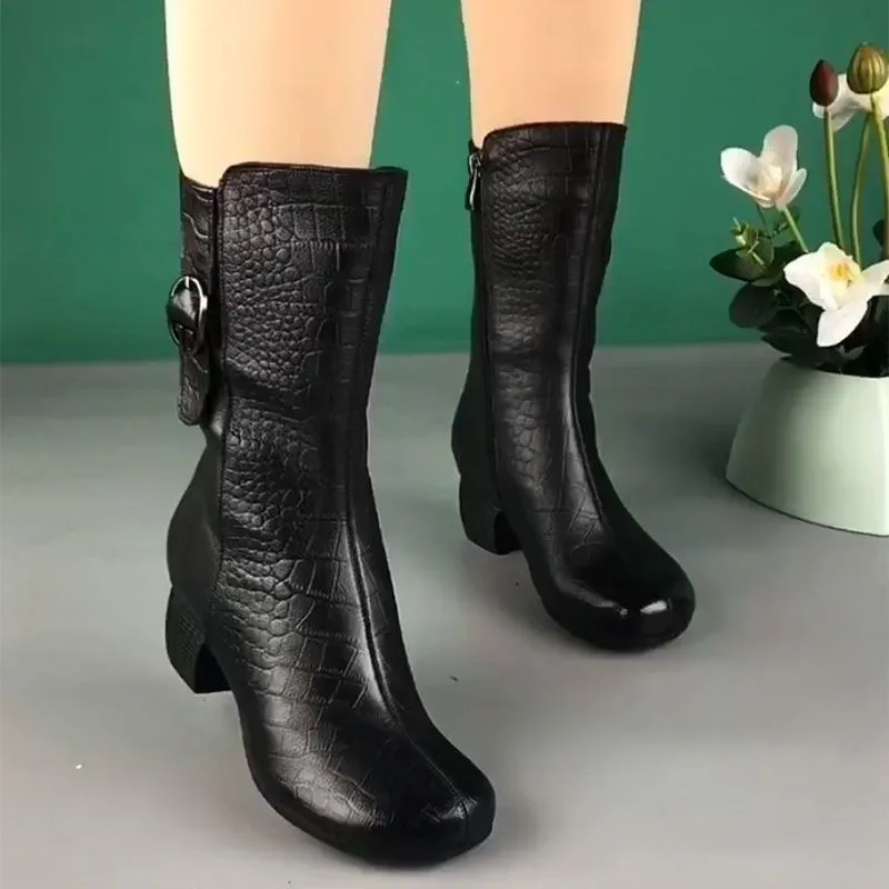 for Cowboy Women High-top Faux Leather Winter Shoes Retro Womens Boots Heeled Ankle Boot Western Warm Plush Botas De Mujer 3862 s
