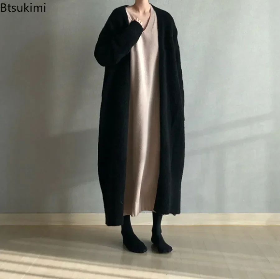 2024 Women's Thick Warm Long Sweater Coat Carfigans Solid Loose Knitted Cardigan Jacket Female Korean Versatile Sweaters Female