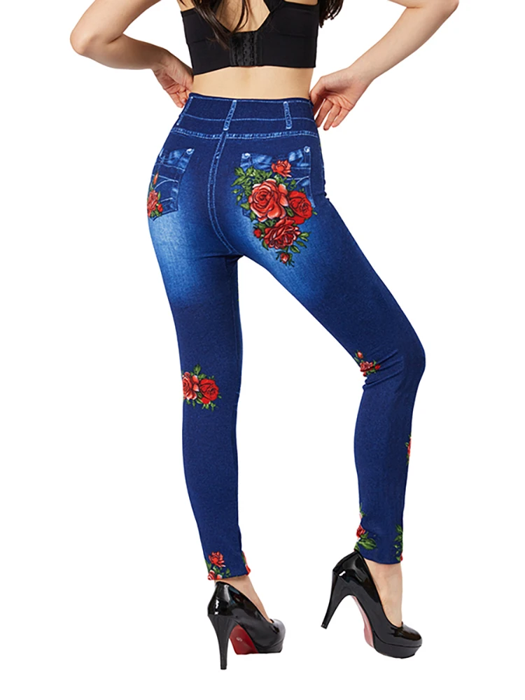 CUHAKCI Elegant Women Casual Fake Jeans Red Rose Flower Print Vintage Stretch Pencil Pants Slim Fit Thin Workout Yoga Jeggings smile