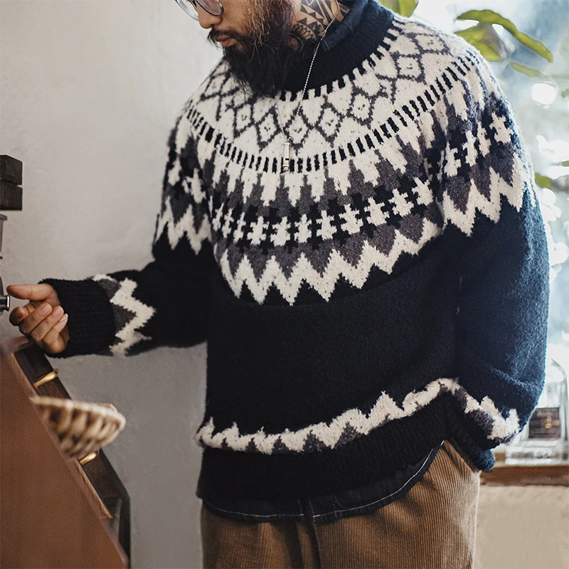 Maden Vintage Heavyweight Icelandic Sweater Round Neck Fair Isle Jacquard Knit Pullover 2023 Autumn Winter Men's Black Jumper