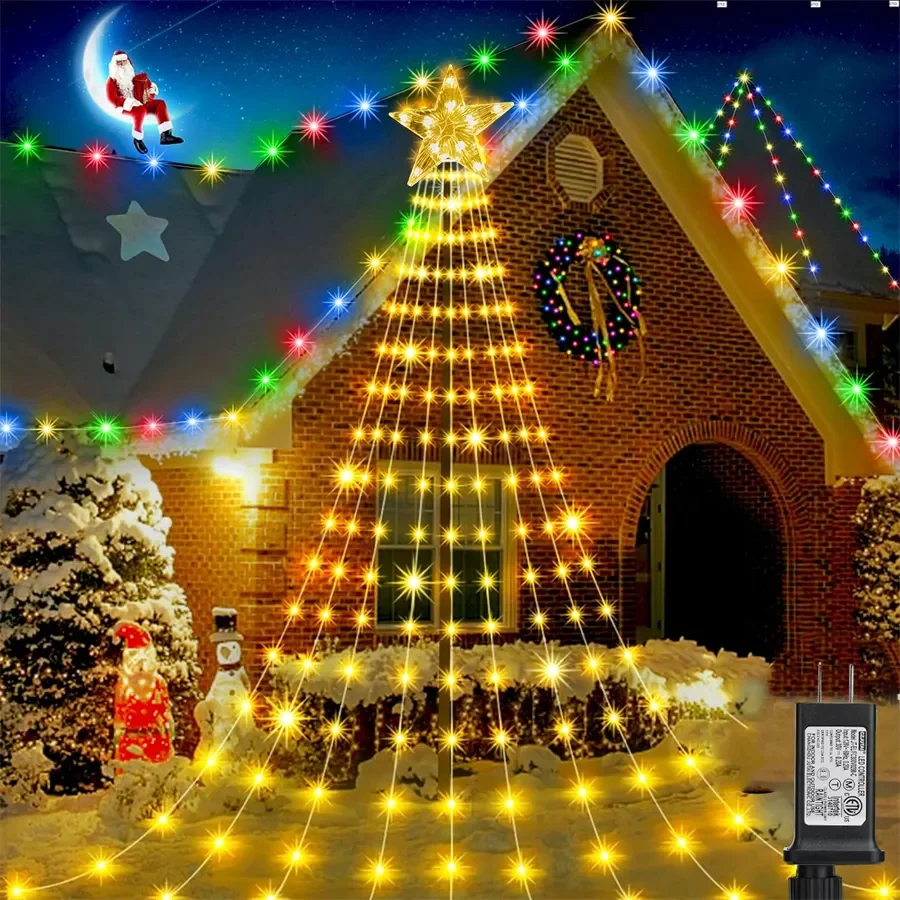 Outdoor Lights 9X3M Tree Christmas Star String Lights 288 LED Waterfall Curtain Lights Topper Star Fairy String Light smile