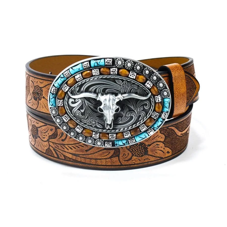 Men's Western Style Leather Belt With Vintage Bull Head Buckle, Suitable For Daily Wear