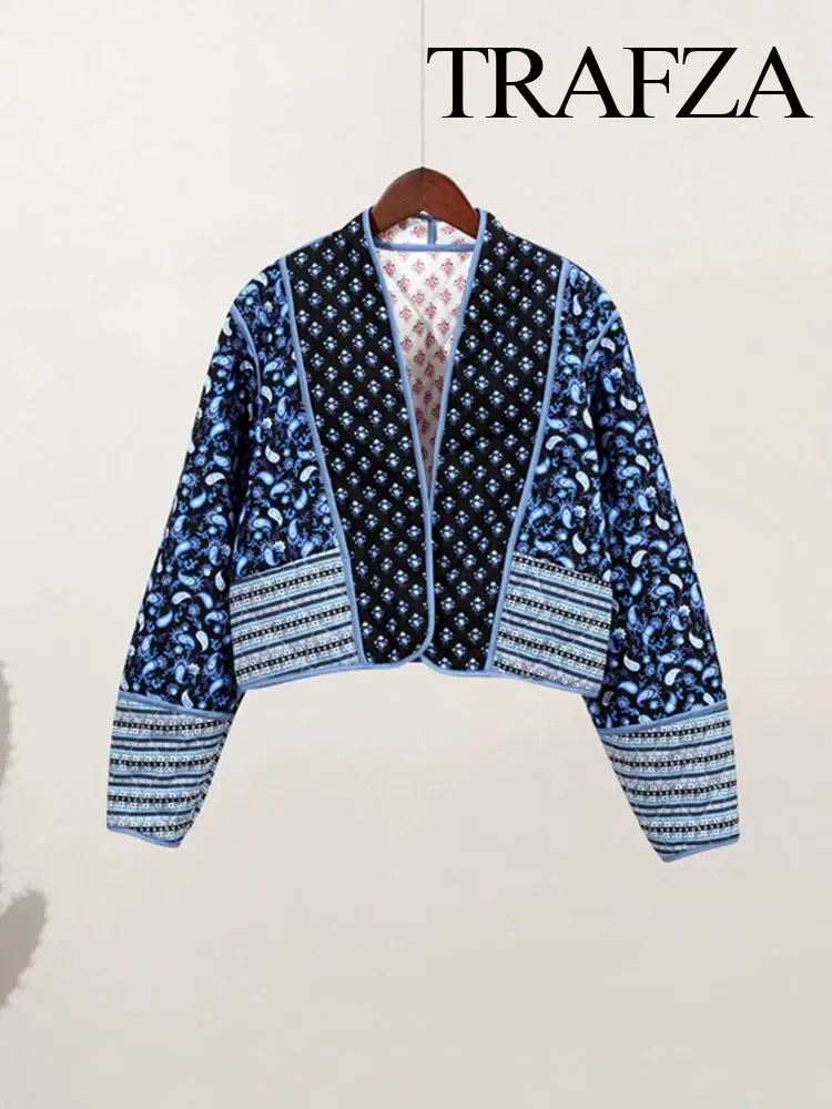 TRAFZA Women's Flower Print Coat Quilted Reversible Long Sleeve Open Front 2 In One Jackets Autumn Vintage Streetwear Coat