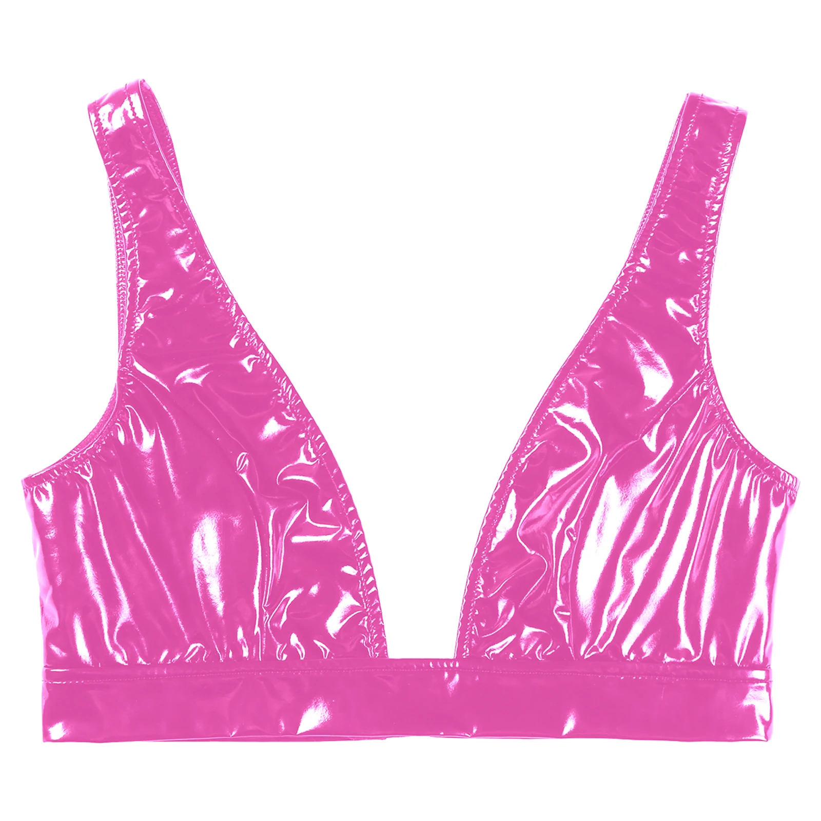 Sexy Womens Push Up Bra Tops Wide Shoulder Strap Lingerie Bra Top Wet Look Patent Leather Low-Cut Crop Tank Top Vest Clubwear