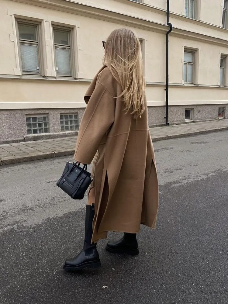 Split Wool Blends Long Overcoat Female's Solid Lapel Cardigan Maxi Coat 2023 Autumn Long Sleeve Ladies Street Chic Outerwear