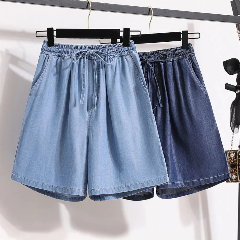 Tencel Shorts Children's Denim Summer New Thin Ice Silk Casual Five Point Loose Wide Leg High Waist A-shaped Hot Pants Large smile