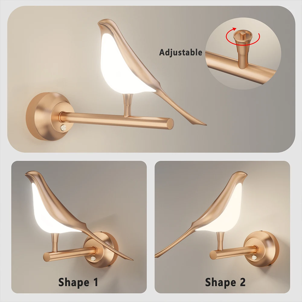 2025 Gold new Bird Led Wall Lamp Acrylic Rotatable Wall Lamp Novelty Light Fixture Bedside Hanging Light Staircase Bedroom Indoor Sconce