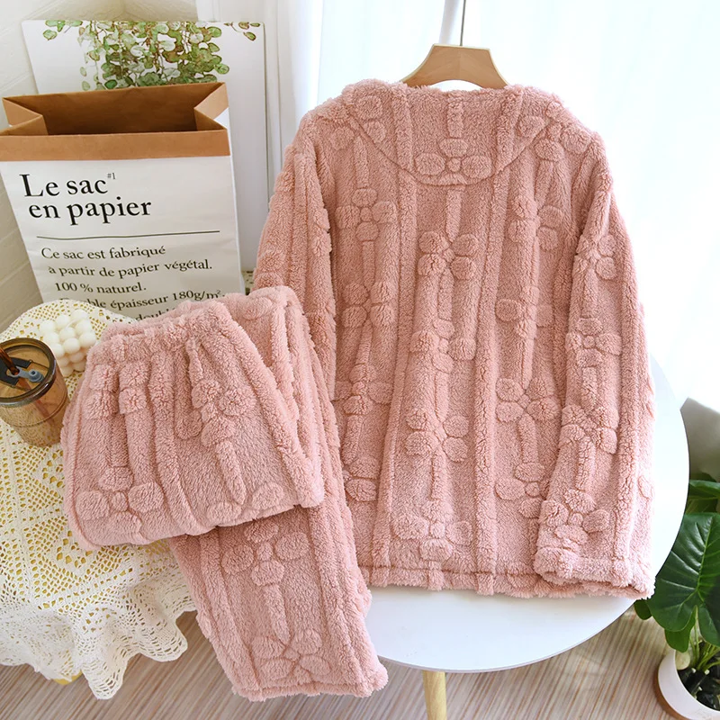 Autumn Winter Warm Pajamas For Women Sleepwear Top PJ Pants Pijama Mujer Invierno Pyjama Pour Femme Conjunto Flannel Round Neck
