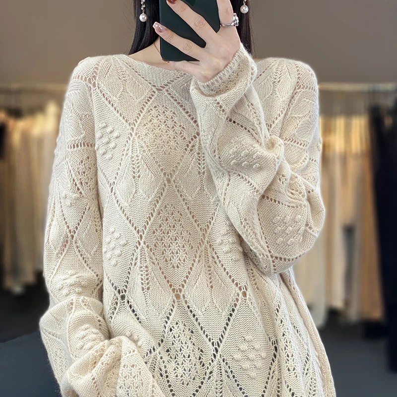 Spring and summer 2025 cashmere sweater thin pullover women's knitted hollow-out O-neck women's new pure wool sweater New products