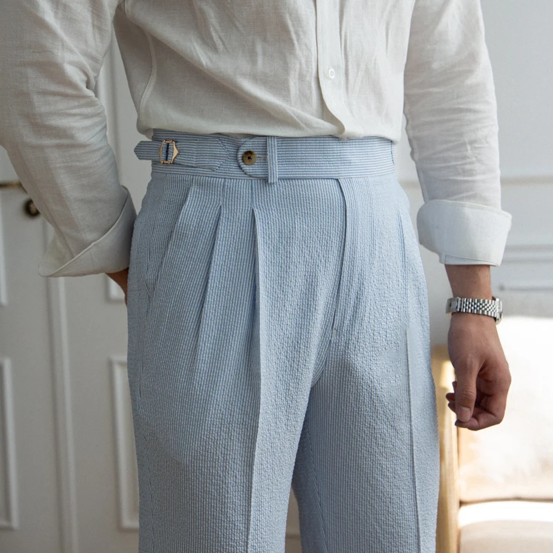 2023 Spring Seersucker High Waist Straight Pants British Petty Bourgeoisie Blue Stripe Italian Casual Trousers Men
