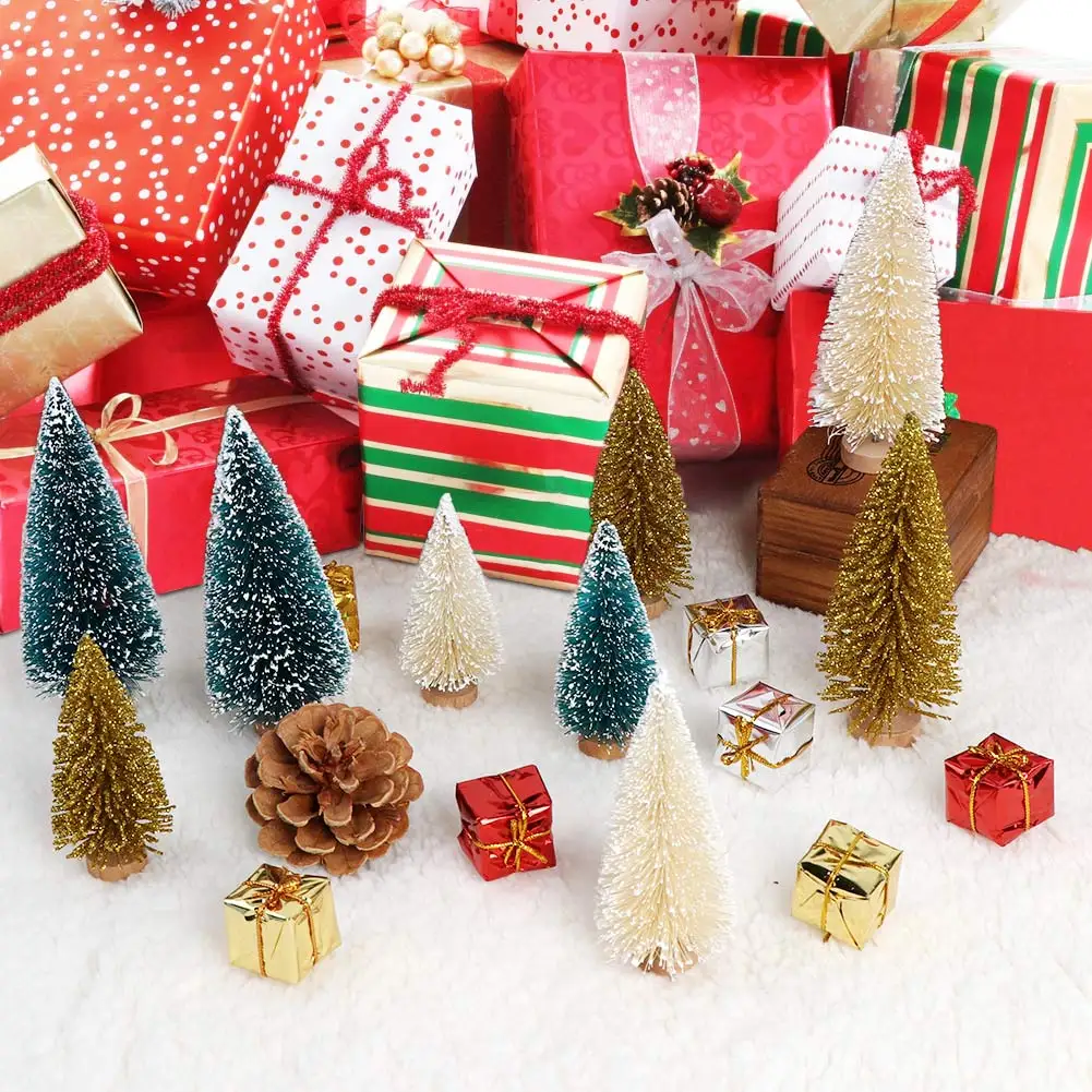 24PCS Artificial Mini Bottle Brush Trees Christmas Village 2025 Trees with Wood Base, Small Sisal Tree for new Tabletop Christmas Decor