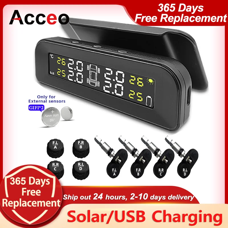 ACCEO Car TPMS new Tyre Pressure Monitoring Solar Power Digital LCD 2025 Display Temperature Warning Auto Security Alarm Systems 4 Sensor