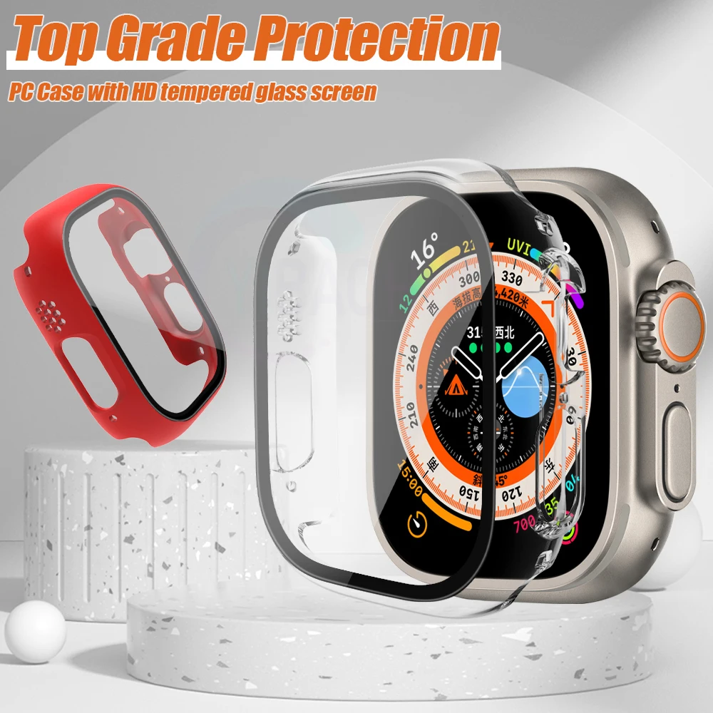 Glass+Cover For Apple Watch 8 Ultra 49mm 45mm 41mm 44mm 40mm 42mm 38mm PC Bumper Protective Case iWatch series 7 6 5 4 3 SE