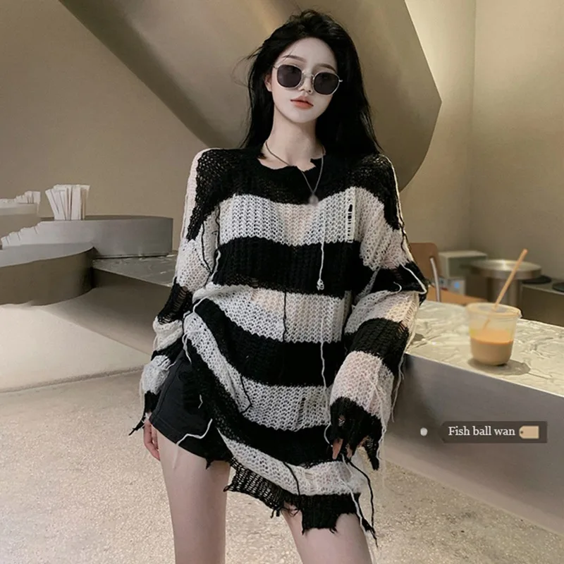 Loose Long Sleeve Y k Striped Top Hole Tassel Cutout SweaterThin Women s Knitted Sweater Mid length Black and White
