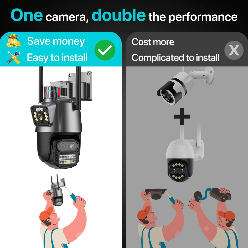Outdoor PTZ Camera 9MP 4K HD 8X Hybrid Zoom Three Lens Dual Screen Wifi IP Camera 4MP Police Light Alarm CCTV Surveillance iCSee