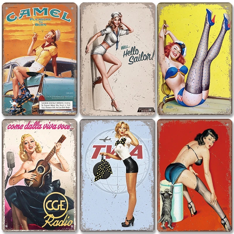 Pin Up Girls Plaque Vintage Metal Tin Signs Sexy Girl Cola Beer Airplane Metal Poster Retro Wall Art Decor for Bar Pub Club Home