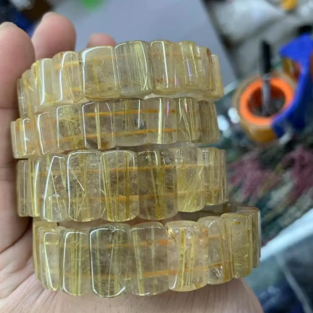 Golden Rutilated Quartz Stone Beads Bracelet Natural Gemstone Jewelry Bangle for Woman for Man Wholesale !