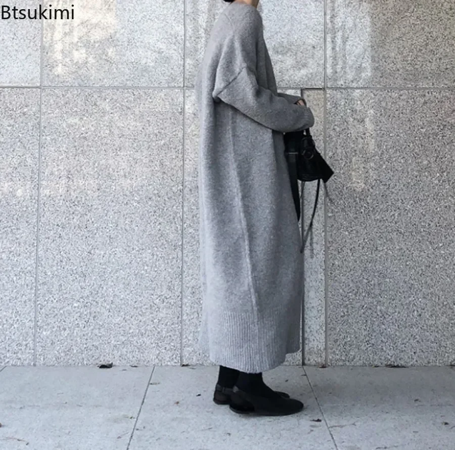 2024 Women's Thick Warm Long Sweater Coat Carfigans Solid Loose Knitted Cardigan Jacket Female Korean Versatile Sweaters Female