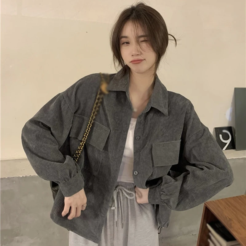 Women Casual Autumn Loose 2025 Corduroy Long-sleeved Shirt Turn-down new Collar Retro Coats Solid Color Shirts