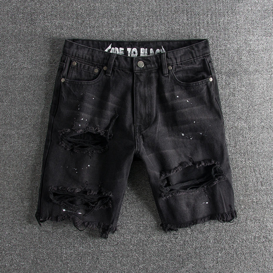 Men Fashion Broken Hole Hip Hop Denim Shorts Summer Streetwear Harajuku Ripped Jeans Shorts Casual Short Pants Trousers 240327
