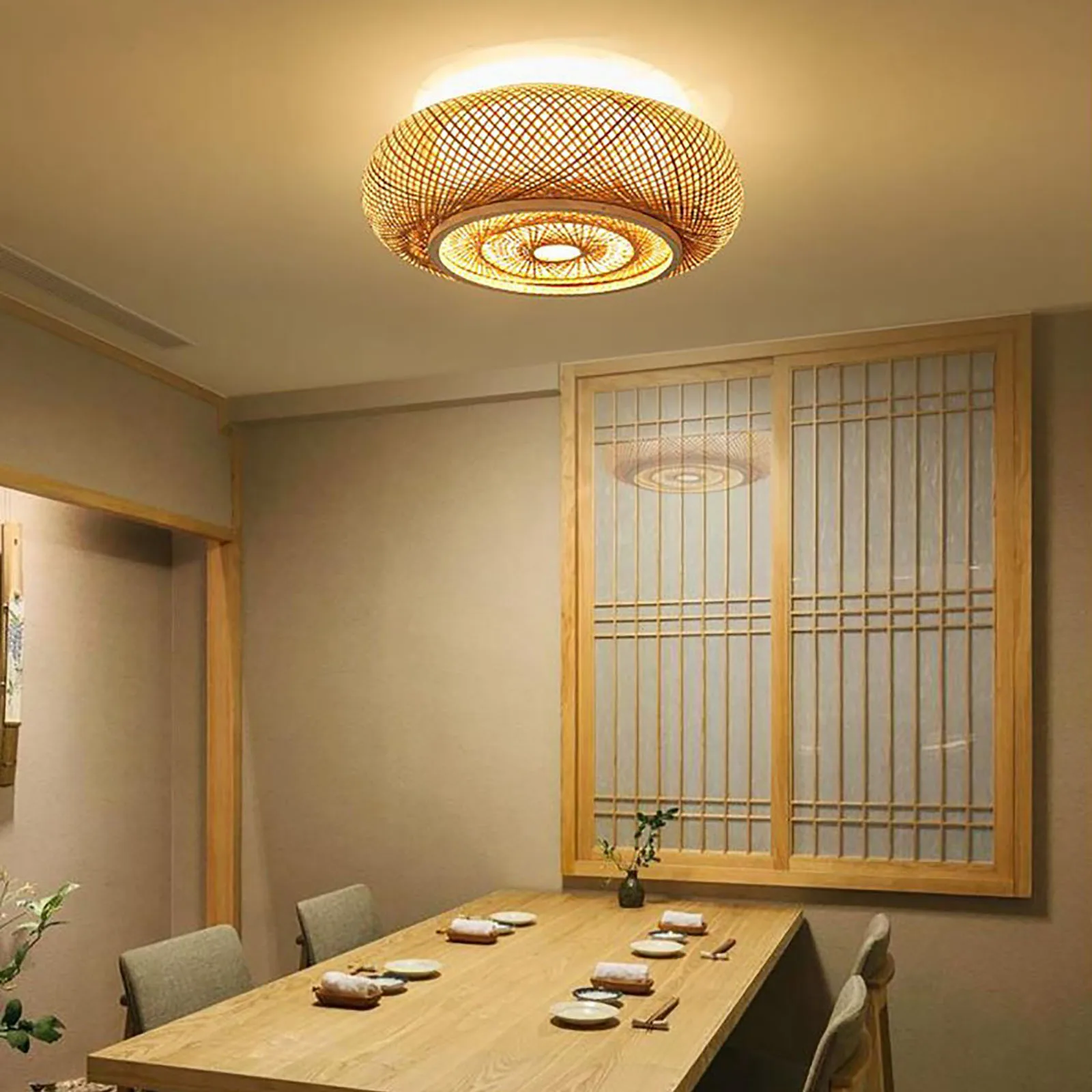 E27 Bamboo Flush Mount new Ceiling Light Rustic Rattan Ceiling Fixture Hanging Lamp 3-Lamp 2025 110V/220V 40/50cm (Bulb Not Included)