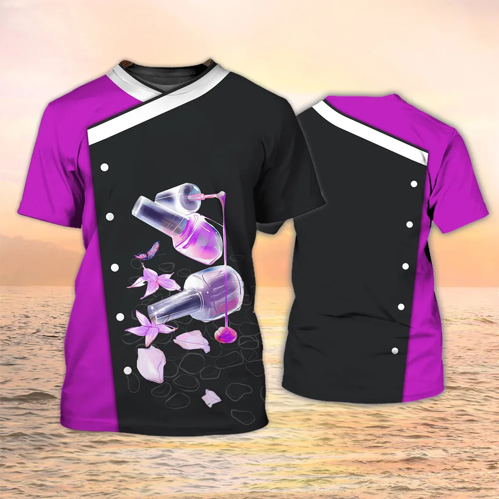Women's manicure shirt, 3D nail polish printed T-shirt, Harajuku short sleeved shirt, summer fashion, women's casual sweater
