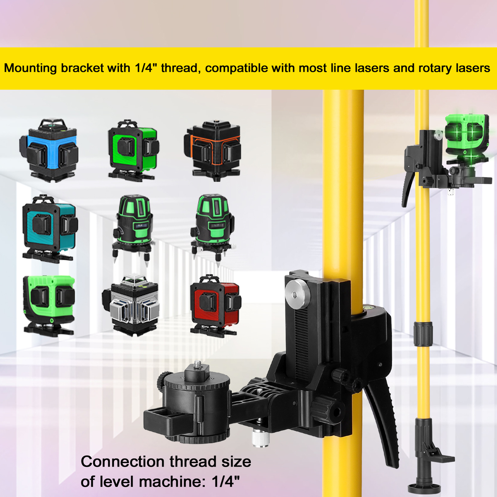 Line Leveler Telescopic Pole Aluminum Alloy Adjustable Lift Extend Bracket Holder Stand Support for 1/4''& 5/8'' Laser Level