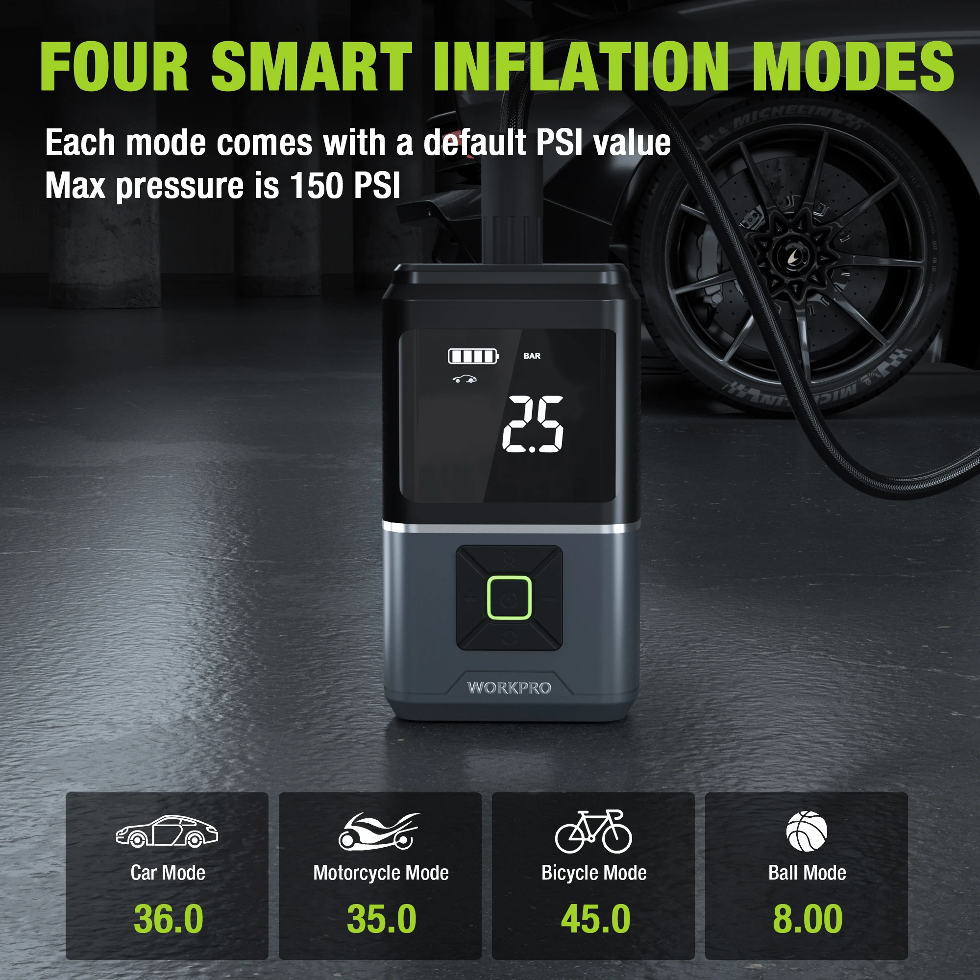 Iator Tire WORKPRO 7.2V 150PSI Portable Air Compressor for Motorcycle Bicycle Boat AUTO Tyre Balls with LCD Digital Display smile